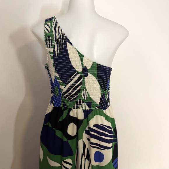 Sugarlips Xandria Geometric Smocked One Shoulder Tiered Maxi Dress Blue Green S - Picture 10 of 10